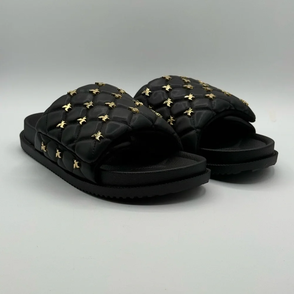 She Is Cheval Black Quilted Slide Sandals W/Gold Accents Comfort Designer Style - Picture 16 of 17